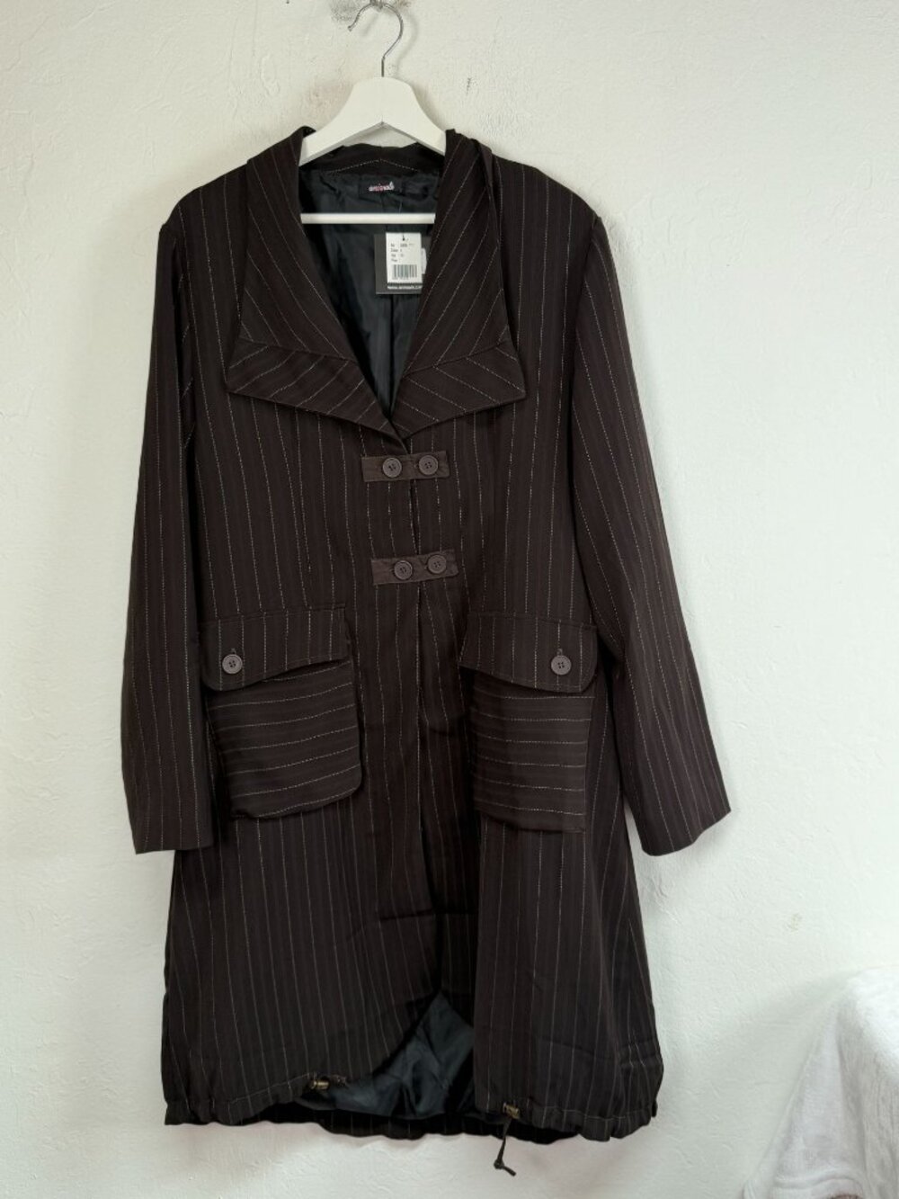 Animale Women's Size 10 Brown Pinstripe Long Coat Jacket Drawstring Hem NWT $238